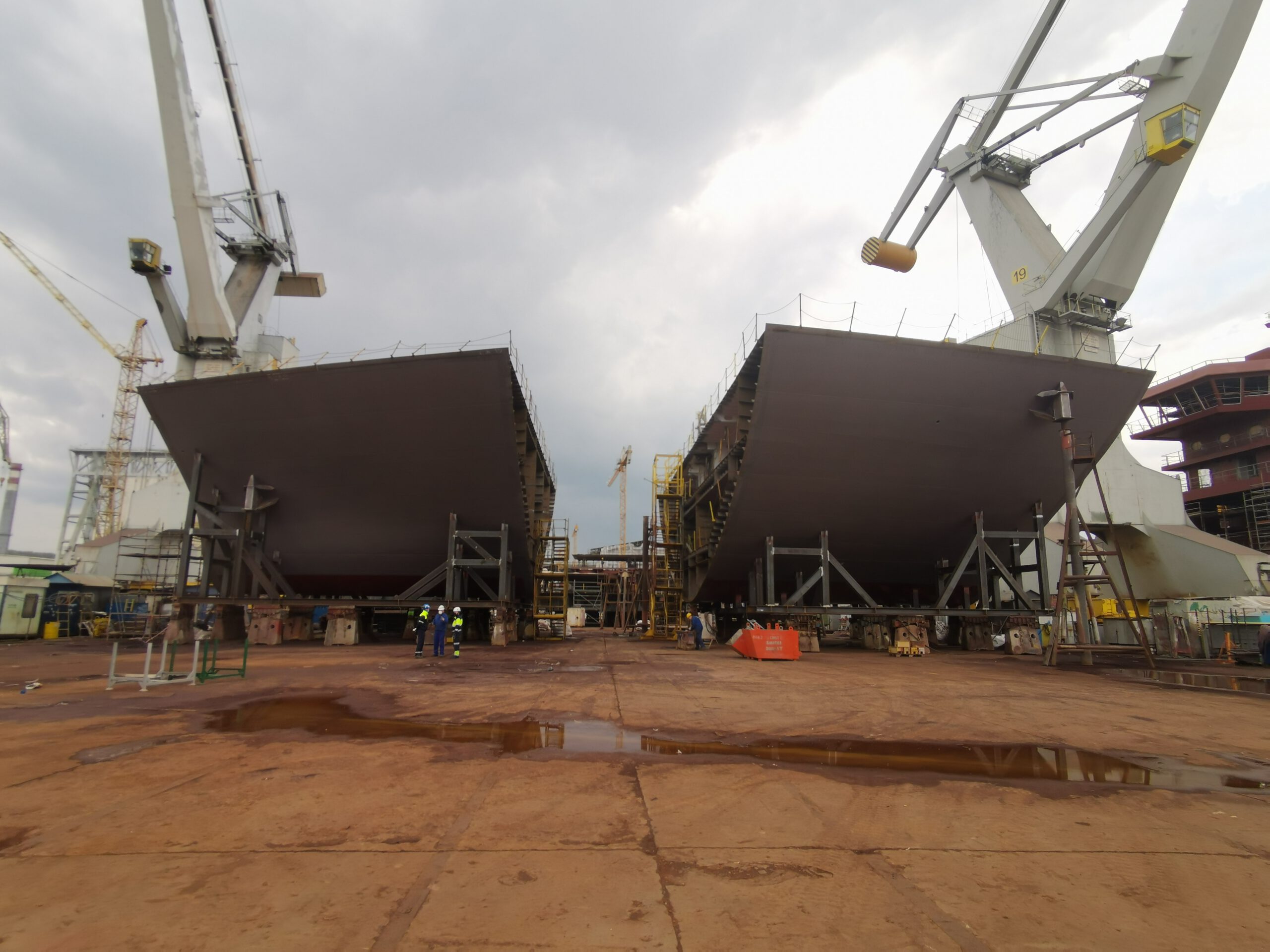 Two hull sections in the shipyard