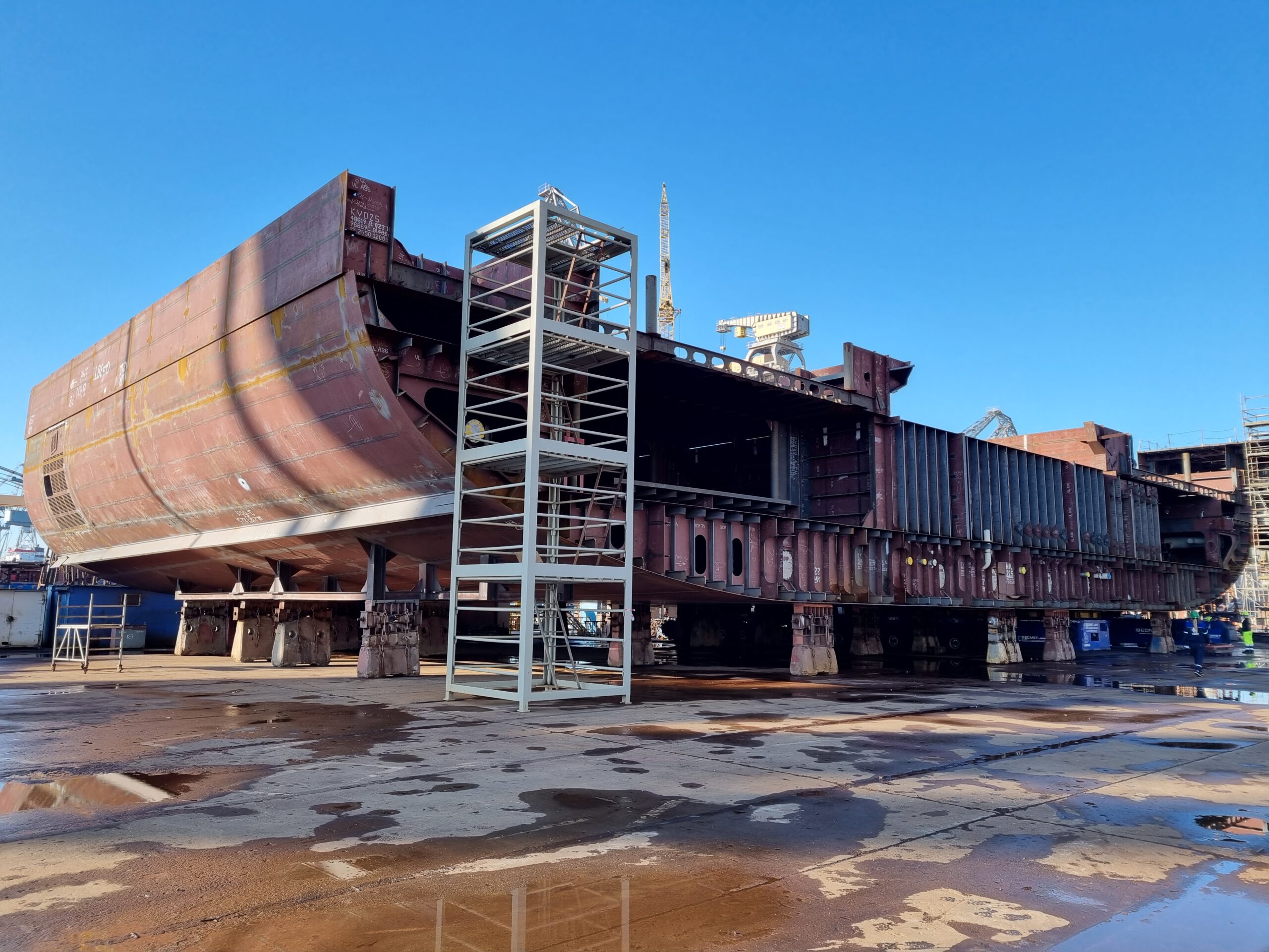 Large section of a ship shell in the shipyard